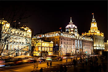 gray concrete building, tower, clock, lights, building, China, buildings, architecture, night, dark, streets