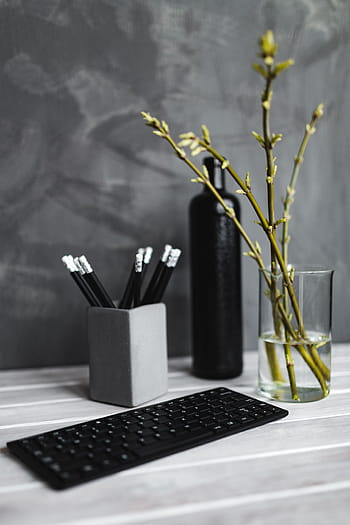 黒、 キーボード、 鉛筆、 白、 テーブル、 ボトル、 植物、 デスク、 人物なし、 オフィス、 屋内