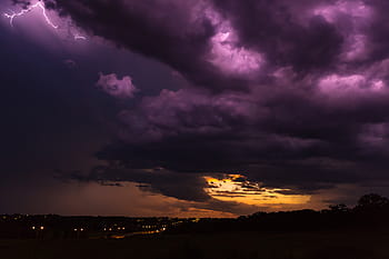 nubi cumuliformi nimbus, viola, arancia, nuvole, notte, tempo, tempesta, fulmine, nuvoloso, cielo, tramonto