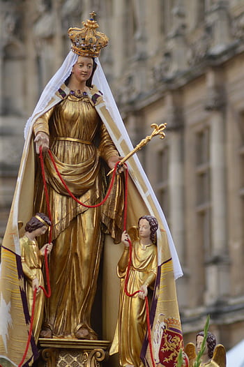 statue, angels, mary, crown, cord, red, issued, plague, valenciennes, notre dame du st cordon, sceptre