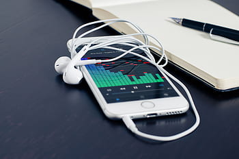 iphone, chytrý telefon, mobilní, pohybliví, sluchátka, špunty, hudba, Zvuk, notebook, poznámkový blok, pero, podnikání