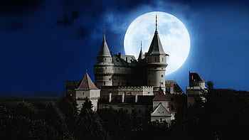 medieval, castle, dragon, night, sky, moon, full moon, medieval castle, castle with dragon, dragon with castle, castle at night