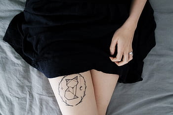 person, wearing, black, skirt, people, girl, leg, thigh, tattoo, bed, women