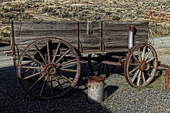 gray, wooden, utility trailer, wagon, wild west, wheel, vintage, rural, antique, transportation, carriage