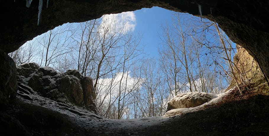 empty, cave, trees, germany, rock, rocks, sky, clouds, winter, snow, nature