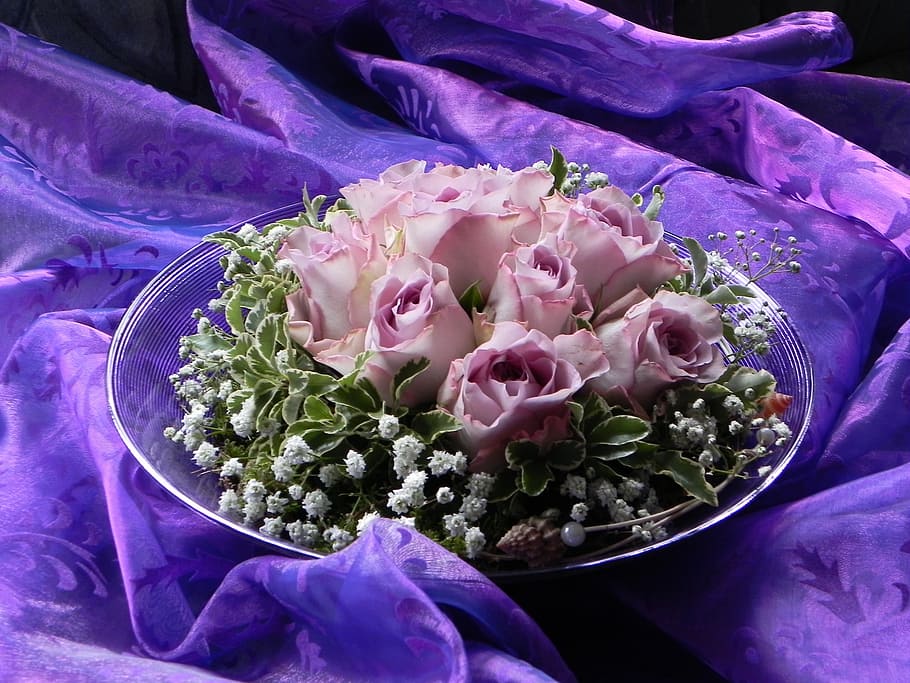 pink, roses, top, clear, glass bowl, flower bouquet, flower, rose, plant, romance, blossom