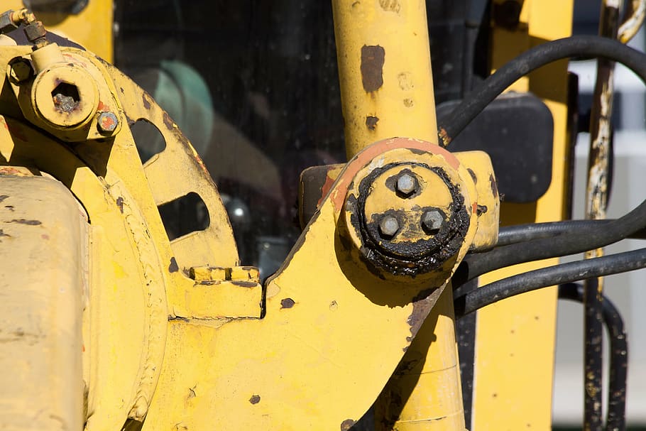 machine, detection, spotlight, hydraulic, detail, yellow, rusty, old, machinery, equipment, industry