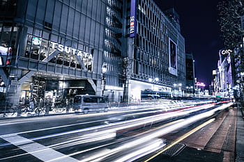 pouliční fotografie s časovým odstupem, noční dobu, časová prodleva, fotografování, auto, světla, kolem, silnice, u, budova, noc