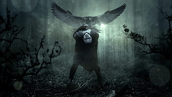 person, bending, body, bird, digital, wallpaper, fantasy, forest, creepy, woman, dark