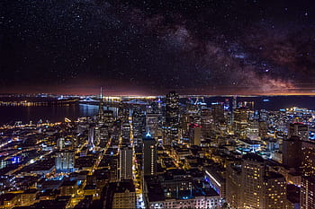 hvězd, noc, panoráma města, San Francisco, pod hvězdami, v noci, městský, město, nebe, usa, městské panorama