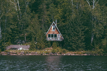 hnědý, bílý, Dům, tělo, voda, dřevěný, vedle, řeka, fotografie, během dne, chalupa