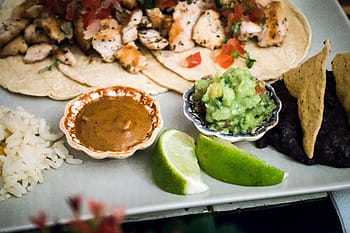 tradiční mexické poklesy, tradiční, mexická, poklesy, zblízka, ponoření, jíst ven, guacamole, nachos, jídlo, tortilla - flatbread