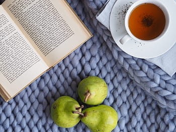 three, pears fruits, open, book, ceramic, mug, saucer, food, drink, desktop, fruit