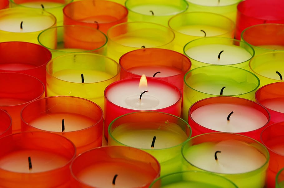 assorted-color votive candles, tea lights, light, flame, candles, colorful, burn, lights, candlelight, wax, alone