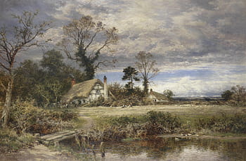 house, body, water, cloudy, sky painting, benjamin leader, painting, art, artistic, artistry, oil on canvas