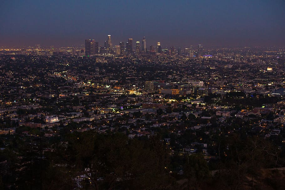 letecký, fotografie, panoráma města, noční dobu, Los Angeles, město, los, andělů, panoráma, v centru města, Kalifornie
