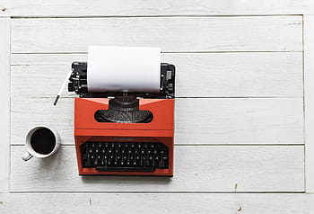 red, typewriter, top, white, board, aerial, analog, analogue, author, background, beverage