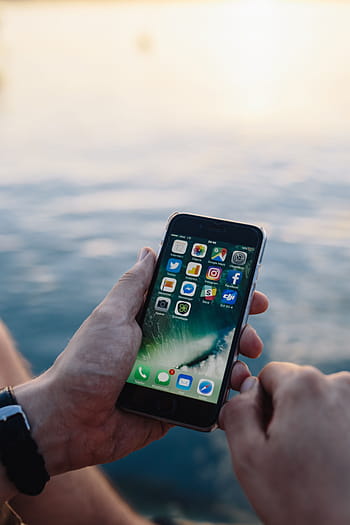 モバイル、 電話、 男、 手、 海、 携帯電話、 白人、 夏、 水、 技術、 iphone