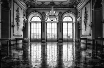 grayscale photo, empty, hall, castle, window, ballroom, splendor, historically, palatial, architecture, ornament