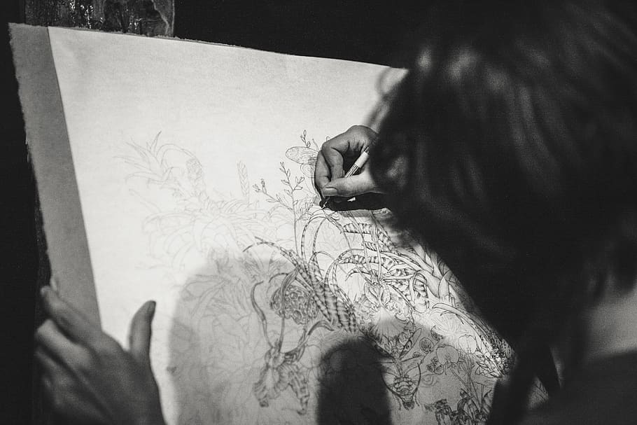 drawing, canvas, artist, black and white, draw, artwork, creativity, hobby, girl, artistic, creative