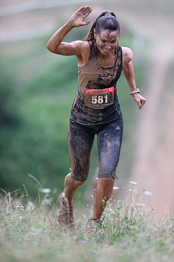 mělký, zaostřovací fotografie, žena, pokryté, bláto, steeplechase, cross country, extrémní běh, silný muž, zábava běh, mudrun
