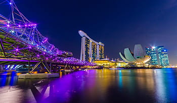sabbie della baia del porticciolo, Singapore, Baia Marina, elica, città scape, notte breve