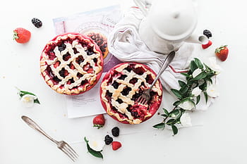 food photography, two, pies, stainless, steel forks, teapot, table, stainless steel, forks, food, food And Drink