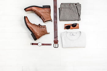 Paar, braun, Lederstiefel, Nächster, Gürtel, Hemd, Leder, Stiefel, sehen, grau, Böden