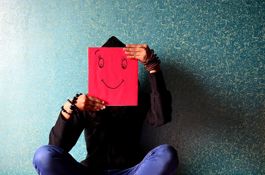 human, holding, red, card board, smiley, drawing, red card, board, man, happy, face