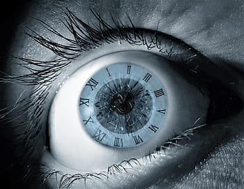orologio, tempo, occhio, fantasia, blu, umano