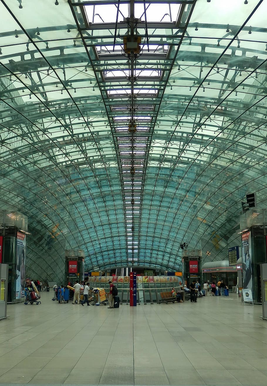 frankfurt am main germany, airport, airport train station, hall, glass roof, wide, symmetry, architecture, structure, transparency, travel