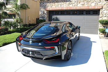 nero, bmw i 8 coupé, parcheggiata, davanti, porta del garage, BMW, auto, automobile, veicolo, i8, bmwi8
