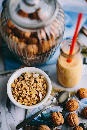 completo, nueces, fresco, saludable, batido, musli, tazón, tarro, desayuno, casero, en forma
