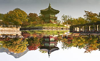 red, green, temple, body, water, facing garden, gyeongbok palace, traditional, construction, roof tile, cultural property