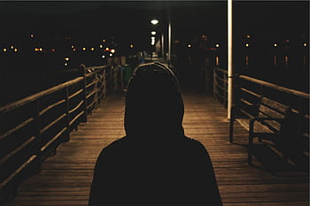 man, standing, bridge, silhouette, person, hoodie, lighted, daytime, sweater, dark, night