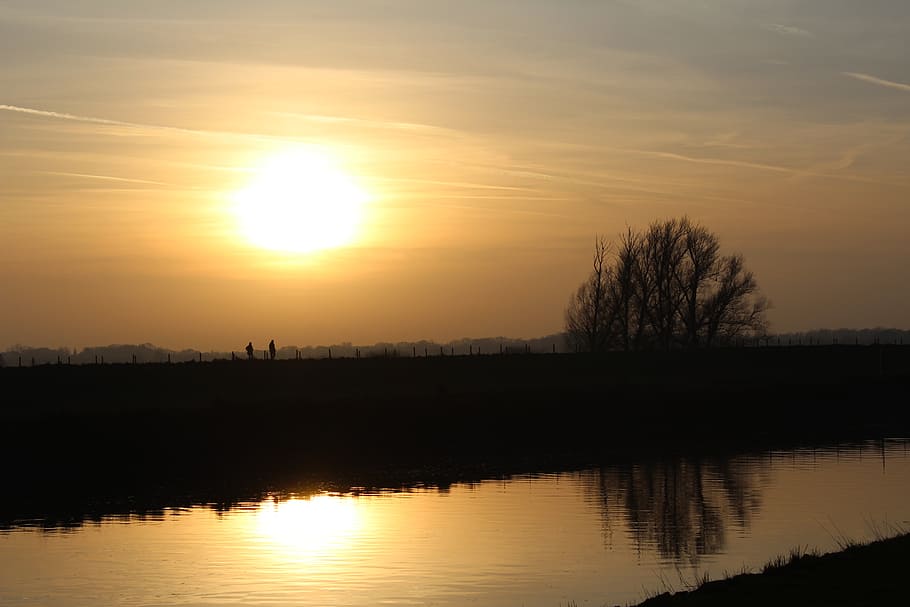abendstimmung, zimní, západ slunce, lovec, oldenburg, řeka, zrcadlení