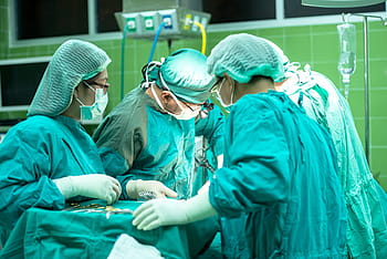four, medical, staff, wearing, gowns, surgery, action, hospital, doctor, care for, clinic