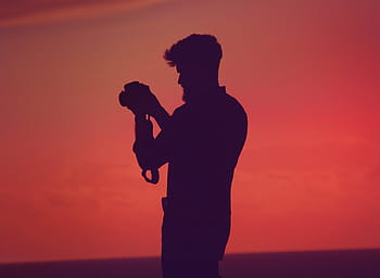 silhouette, man, holding, camera, people, shadow, photographer, orange, sunset, shutter, iso