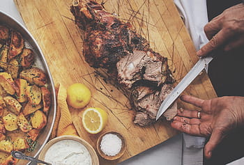 steak, brown, wooden, chopping, board, chopping board, food, people, cooking, human Hand, gourmet