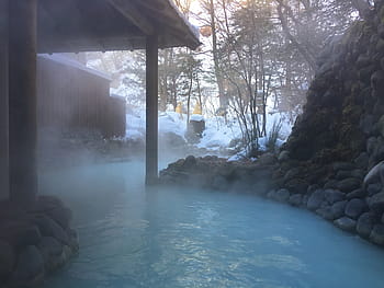 温泉、 春、 パーゴラ、 昼間、 日本、 登別、 屋外、 冬、 雪、 自然、 木