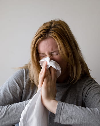woman, sneezing, towel, blow, blowing, nose, hand chief, grey, blond, female, model
