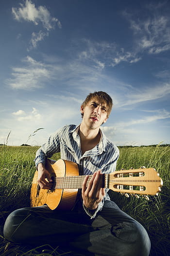 Männer, Blau, Weiß, Nadelstreifenhemd, spielen, klassisch, Gitarre, Gitarrist, Musiker, Instrument, Musik-