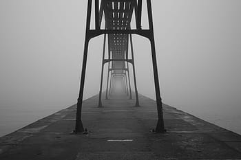 gray, scale photo, road, fogs, bridge, pier, jetty, fog, construction, structure, metal