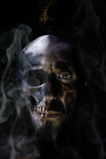 human, face half skull wallpaper, horror, monster, photomontage, photomanipulation, dead