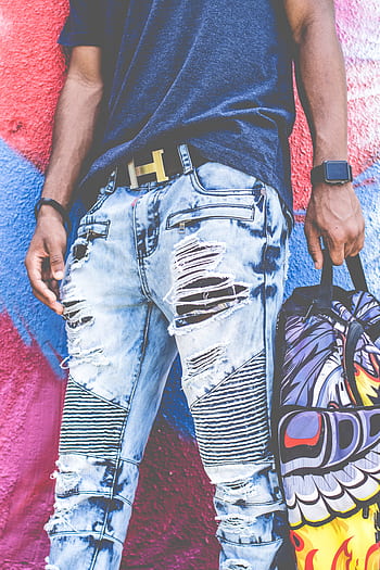 guy, man, fashion, ripped, jeans, colorful, wall, graffiti, art, belt, hermes