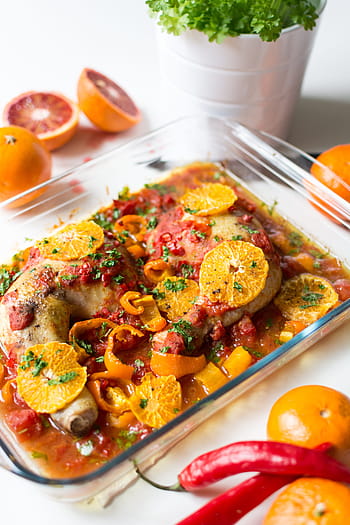 rajčata, papriky, pomeranče, kuřecí stehna, kuře, zblízka, zdravý, maso, oranžový, paleo, bílé pozadí