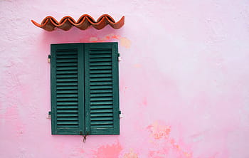 green, wooden, louver door, window, pink, roof, simple, art, wall, pink color, building exterior