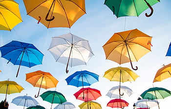umbrellas hanging decorations, assorted, color, umbrellas, mid, air, daytime, sky, sunshine, summer, umbrella