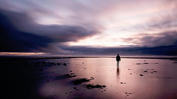 person, standing, body, water, nature, landscape, purple, sky, clouds, people, travel
