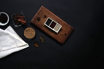 exotické koření, exotický, koření, skořice, temný, badyánu, dřevo - materiál, stůl, černé pozadí, studio shot, nikdo